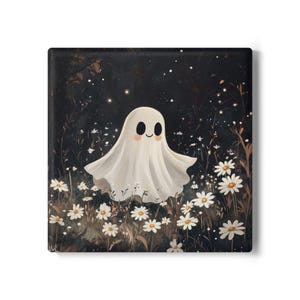 Charming Ghost Ceramic Coaster, Cute Drink Coaster, Halloween Decor, Floral Home Decor, Gift for Ghost Lovers, Scary Movies Night