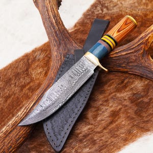 Handmade Damascus Steel Hunting Knife 12.1" – Colored Wood Handle, Brass Guard, Sheath Included, Survival &Outdoor Gift Tool Gift For Hunter