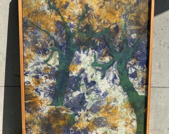 Vintage 1970s Batik Textile Art, Abstract Tree Design, Framed Wall Hanging, Retro Fiber Artwork