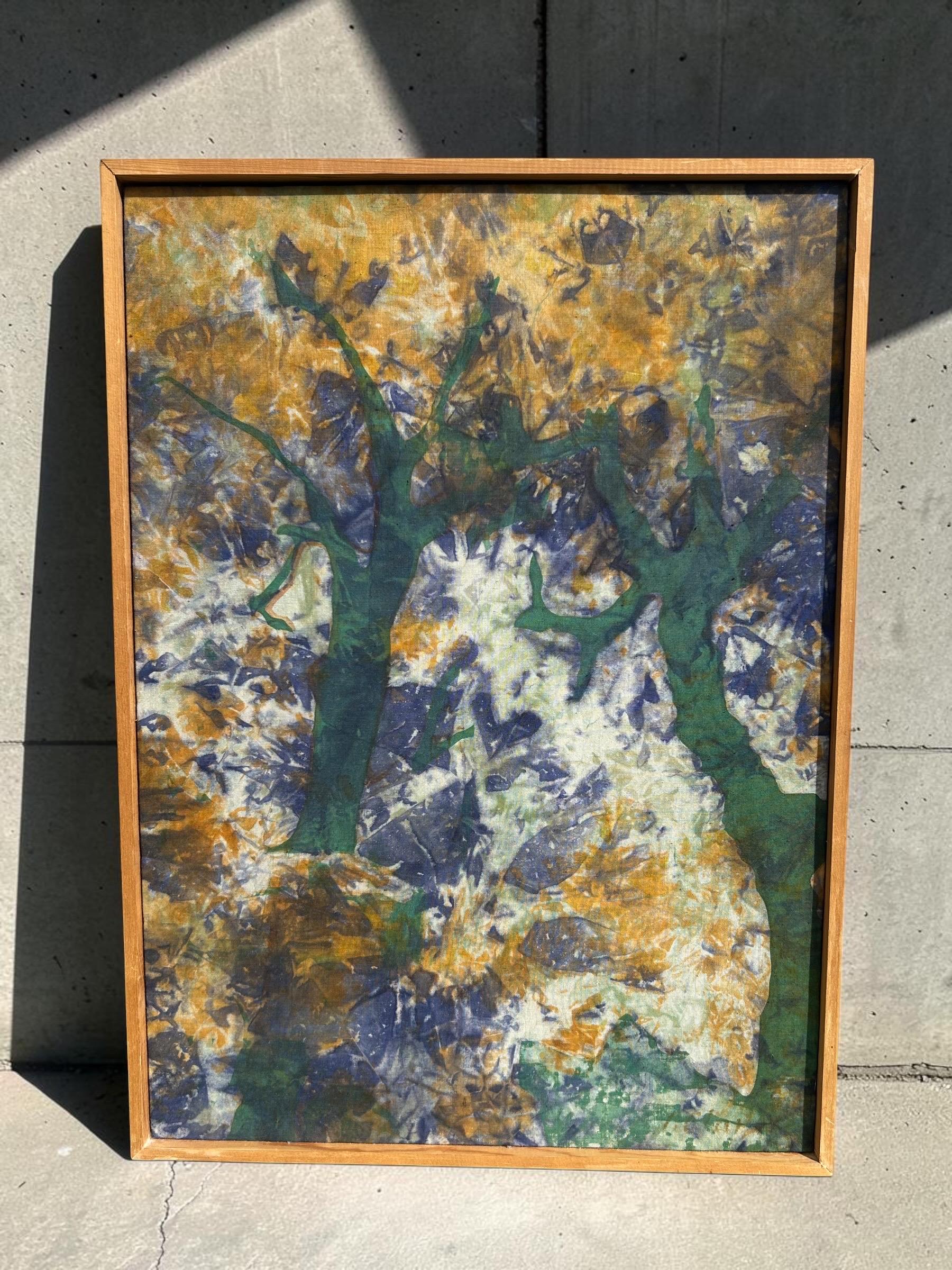 Vintage 1970s Batik Textile Art, Abstract Tree Design, Framed Wall Hanging, Retro Fiber Artwork
