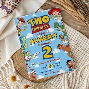 May include: A rectangular birthday invitation card with a light blue background featuring white clouds. Characters include Woody, Jessie, Buzz Lightyear, Rex, Slinky Dog, Bullseye, Forky, and Mr. Potato Head. Text reads: TWO INFINITY and beyond ALBERT is Turning 2.