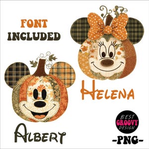 以下が含まれることがあります： チェック柄の耳と花柄模様の、カボチャ型のミッキーとミニーマウスのデザインが2つ。ミッキーのデザインの上には「FONT INCLUDED」の文字。ミッキーのデザインの下には「Albert」、ミニーのデザインの下には「Helena」の名前があります。