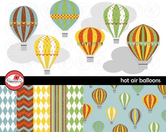 Hot Air Balloons Paper and Elements SET: Digital Scrapbook Paper Pack (300 dpi) Hot Air Balloon Clip Art Blue Green Rust