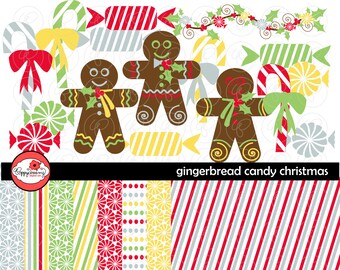 Gingerbread Candy Christmas Paper and Elements SET: Digital Scrapbook Paper Pack (300 dpi) Stripes Polka  Dots Digital Scrapbook