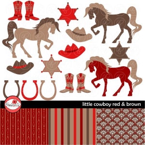 Little Cowboys Red & Brown: Digital Clipart Scrapbook Paper Set (300 dpi) Boots Horse Horseshoe Sheriff Badge Cowboy Hat Clip Art Birthday
