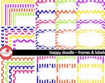 Happy Doodle Frames & Labels: Clip Art Pack Card Making Digital Frames Page Borders Chevron Dots Stripes