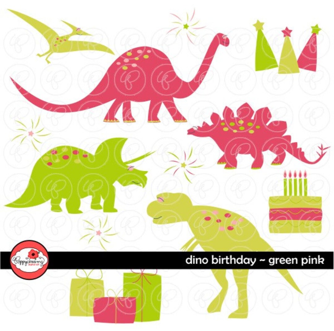 Dino Birthday Green & Pink Clip Art Pack 300 Dpi - Etsy