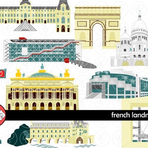 Clipart numérique des monuments français : Lourve Arc de Triomphe Centre Pompidou Grande Arche opéra Bastille château de Chenonceau voyage Clipart