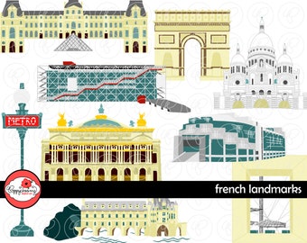 Français Landmarks Digital Clip Art: Lourve Arc de Triomphe Centre Pompidou Grande Arche Opera Bastille Château de Chenonceau Voyage Clipart