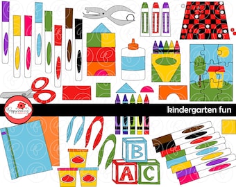 Kindergarten Fun School Supply Clipart: (300 dpi transparent png) School Teacher Clip Art Supplies Crayons Markers Scissors Games Blocks