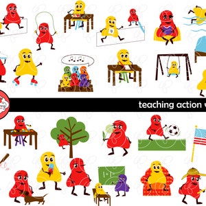 Imágenes prediseñadas y tarjetas didácticas digitales para enseñar verbos de acción: conjunto de imágenes digitales (300 ppp) Imágenes prediseñadas para maestros de escuela Tarjetas didácticas de lectura Gramática de lectura