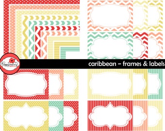 Caribbean Frames & Labels: Clip Art Pack Card Making Digital Frames Page Borders Chevron Dots Stripes