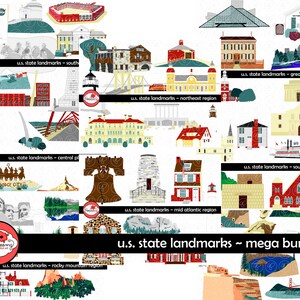 U.S. State Landmarks Mega Bundle Digital Clipart Pack 300 dpi Road Trip Geography Travel United States Landmarks Social Studies Teacher image 1