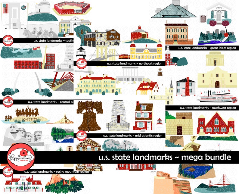 U.S. State Landmarks Mega Bundle Digital Clipart Pack 300 dpi Road Trip Geography Travel United States Landmarks Social Studies Teacher image 1