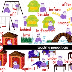 Lehre Präpositionen & digitale Karteikarten: Digitales Bild (300 dpi) Lehrer Clip Art Karteikarten Grammatik Nilpferd