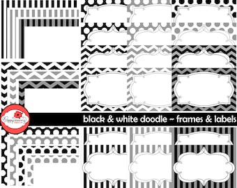 Black & White Doodle Frames and Labels: Clip Art Pack Card Making Digital Frames Page Borders Chevron Dots Stripes