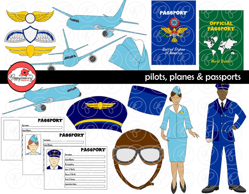 Pilots Planes and Passports: Travel Clipart 300 dpi transparent png Pilot Stewardess Plane Passport Pilot Hat Pilot Wings image 1