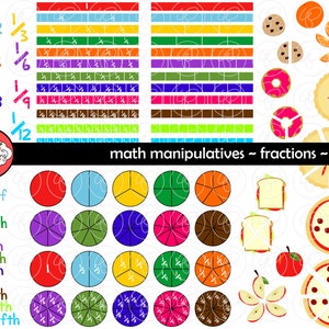 Math Manipulatives Fractions Clipart Set - (300 dpi) School Teacher Clip Art Numbers Math Fraction Bars Circles and Food