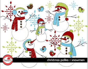 Christmas Polka Snowmen: Clip Art Pack (300 dpi) Digital Images (transparent png) Card Making Scrapbook Xmas X-mas Snowman Birds Snowflakes