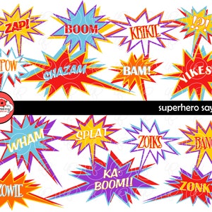 Provérbios de super-heróis: Clip Art Pack (300 dpi) Imagens digitais (arquivos png transparentes) Criação de cartões Etiquetas Molduras Balão de fala Exclamação
