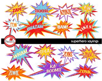 Superhero Sayings: Clip Art Pack (300 dpi) Digital Images (transparent png files) Card Making Labels Frames Speech Bubble Exclamation