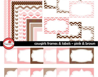 Cowgirls Brown & Pink Frames and Labels: Clip Art Pack Card Making Digital Frames Page Borders Chevron Dots Stripes
