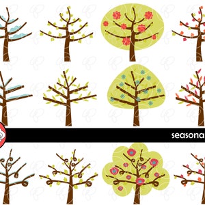 Árboles de temporada: conjunto de imágenes prediseñadas digitales Primavera Verano Otoño Invierno Estaciones Enseñanza Arte infantil (png transparente de 300 ppp)