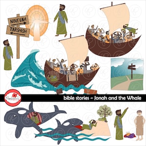 Bible Stories: Jonah and the Whale Clipart Set by Poppydreamz Bible Biblical Jonah Ninevah Tarshish Whale God Bible Study Clip Art Digital