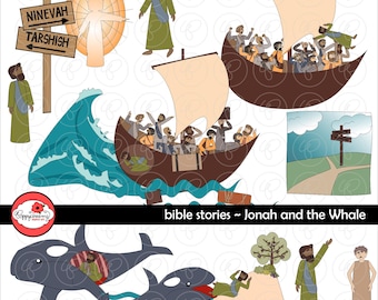 Histoires de la Bible : Jonas et la baleine Clipart ensemble par Poppydreamz Bible biblique Jonas Ninive Tarsis dieu baleine étude de la Bible Clip Art numérique