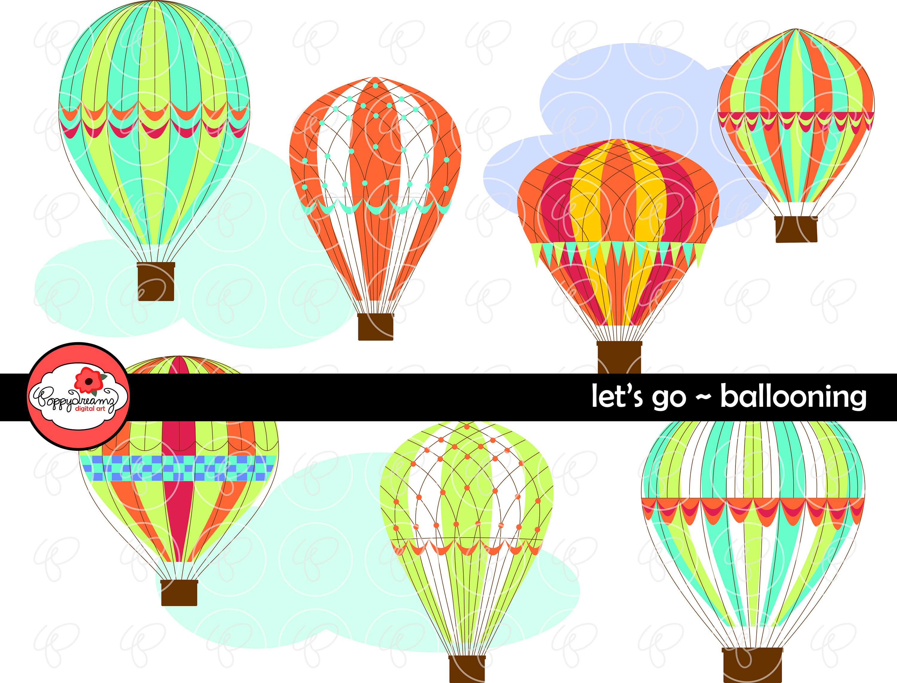 31 images 300 dpi Hot Air Balloon Digital Stamps