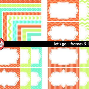 Let&#39;s Go Frames & Labels: Digital Clipart Pack (300 dpi) Turquoise Lime Orange Page Borders Digital Frames Coordinates