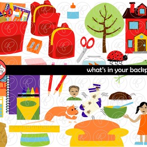 What&#39;s In Your Backpack School Supply Clipart: (300 dpi transparent png) School Teacher Clip Art Creative Writing Games Readers