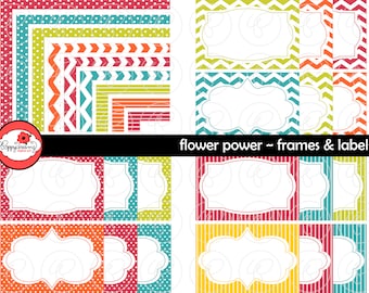 Flower Power Frames & Labels: Clip Art Pack Card Making Digital Frames Page Borders Chevron Dots Stripes