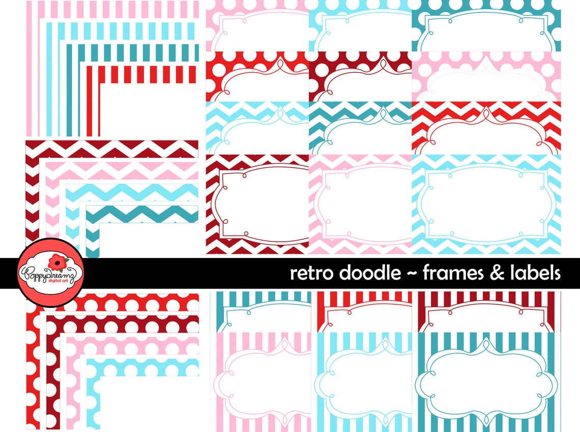 Retro Doodle Frames & Labels: Clip Art Pack Card Making - Etsy