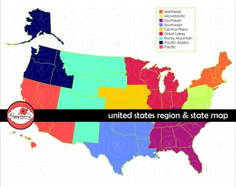 Puede incluir: Un mapa de los Estados Unidos dividido en regiones, con cada región coloreada de forma diferente. Las regiones son Noreste, Atlántico Medio, Sureste, Suroeste, Llanuras Centrales, Grandes Lagos, Montañas Rocosas, Alaska Pacífico y Pacífico. El mapa también incluye el texto "united states region & state map".