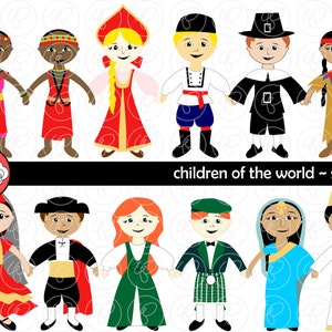 Children of the World (Set 03) digitale illustraties: Kenia, Rusland, Verenigde Staten, Spanje, Ierland, India, onderwijs, reizen, clipart