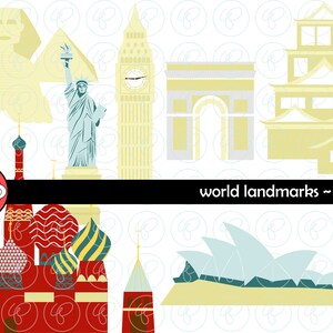 Marcos mundiais (conjunto 2) Clip Art digital: Estátua da Ópera de Sydney, Liberdade, Big Ben, Esfinge, Castelo de Hiroshima, São Basílio, viagem Clipart