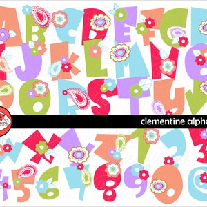 Clementine Alphabet: Clip Art Pack 300 dpi transparent png Card Making Digital Scrapbook Letters Numbers Pink Purple Blue Green image 1