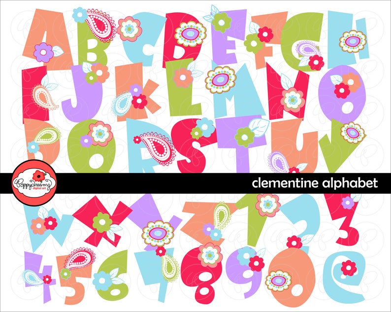 Clementine Alphabet: Clip Art Pack 300 dpi transparent png Card Making Digital Scrapbook Letters Numbers Pink Purple Blue Green image 1