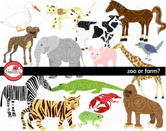 Zoo or Farm : Animal Digital Clipart Pack (300 dpi) Elephant Zebra Dog Cat Tiger Ape Alligator Duck Horse Pig Bird Cow