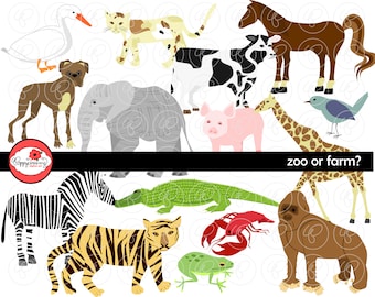 Zoo or Farm : Animal Digital Clipart Pack (300 dpi) Elephant Zebra Dog Cat Tiger Ape Alligator Duck Horse Pig Bird Cow
