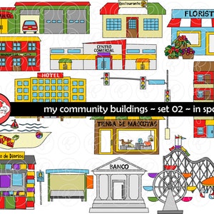 My Community Buildings (Set 02) IN HET SPAANS Clipart: (300 dpi transparante png) Schoolleraar Clip Art Creatief schrijven Bloemist Dierenwinkel