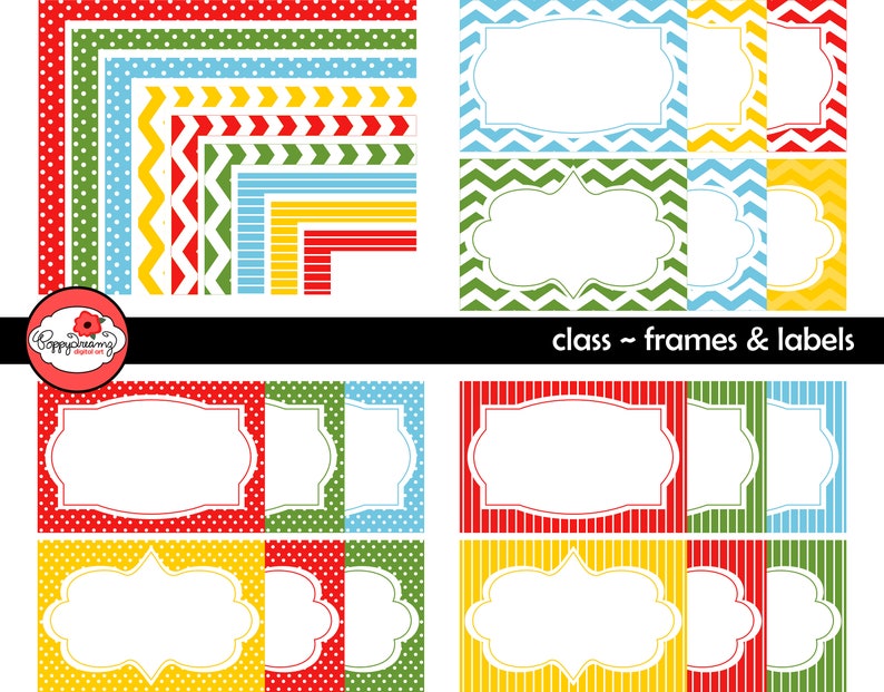 Class Frames & Labels: Digital Clipart Pack 300 dpi Red Green Yellow Blue Page Borders Digital Frames Coordinates image 1