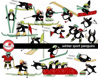 Winter Sport Penguins: Clip Art Pack (300 dpi) Digital Images (transparent png files) Skiing Hockey Curling Figure Skating Luge Bobsled