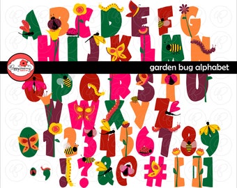 Garden Bug Alphabet: Clip Art Pack (300 dpi png) Digital Butterfly Dragonfly Bumblebee Lady Bug Letters Numbers Flower Alphabet Clipart