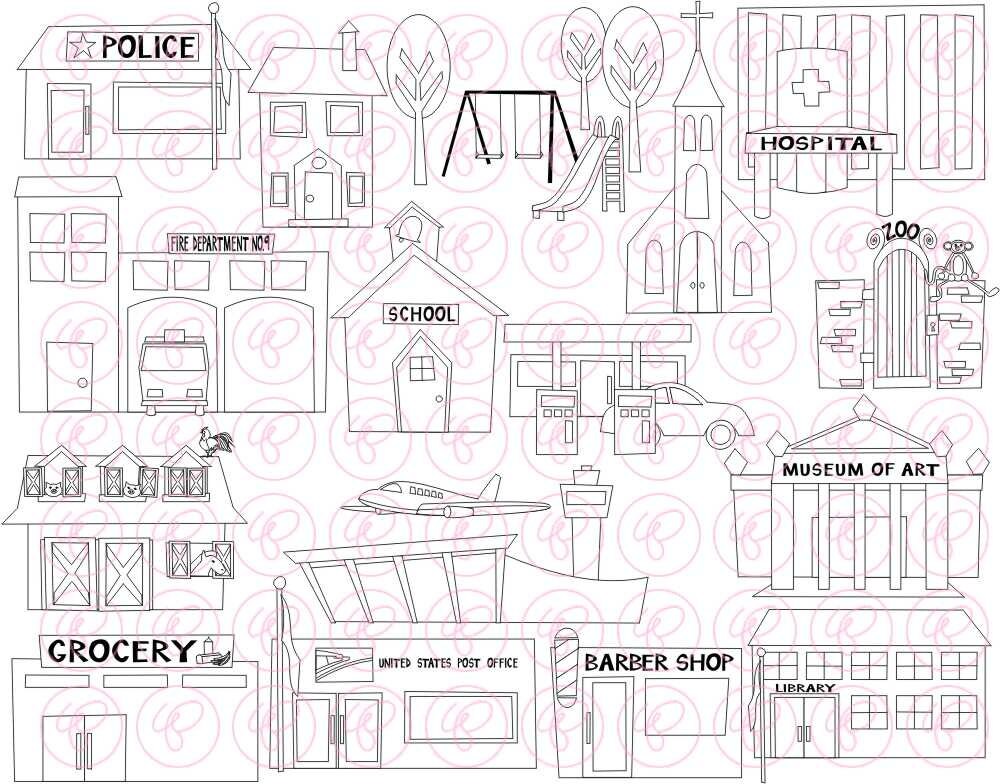 My Community Buildings Clipart 300 Dpi Transparent Instant Download