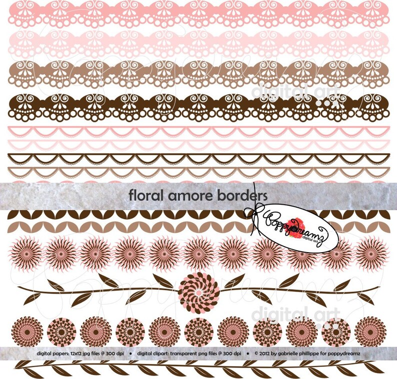 Wedding Bridal Baby Shower Floral Brown Pink 300 dpi Digital Scrapbook Paper Pack Floral Amore Borders