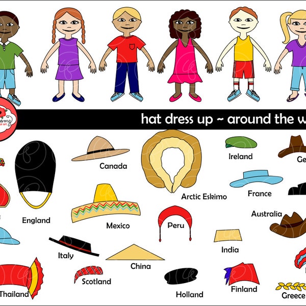 Hat Dress Up Around the World Digital Clip Art: England Italy Mexico Arctic Eskimo Holland China Peru Germany FranceTeaching Travel Clipart