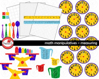 Math Manipulatives Measuring Clipart Mega Set - (300 dpi) School Teacher Clip Art Numbers Math Scale Weight Ruler Clocks Graphs