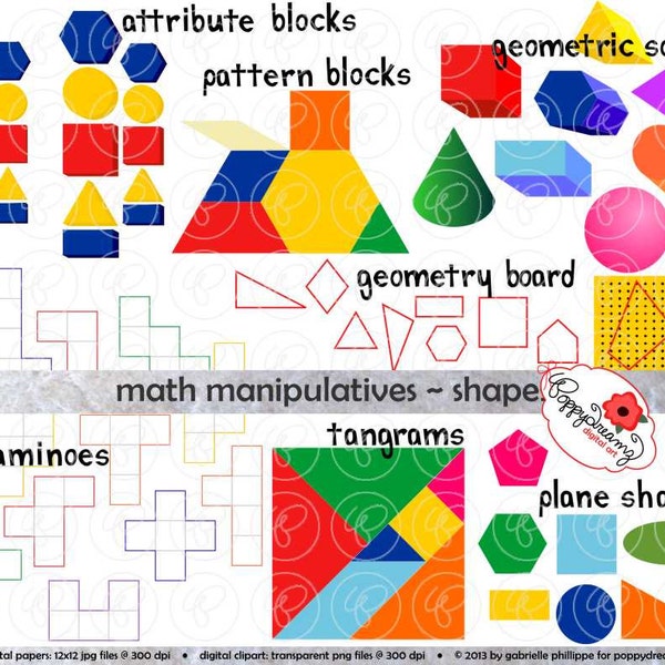 Math Manipulatives Shapes Clipart Set - (300 dpi) School Teacher Clip Art Numbers Math Geometric Pentamino Pattern Tangram Shapes